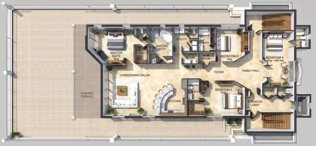 Sea Breeze Penthouse floor plan: master suite, three further bedrooms, living and dining salon, kitchen, family hall, covered terrace and wraparound oceanfront terrace